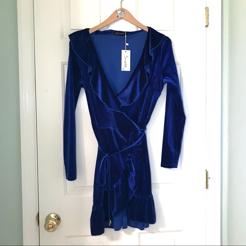 NWT Simplee Blue Velvet Party Wrap Dress